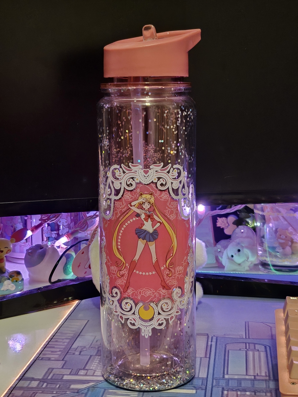 Sailor Moon Pink Glitter Water Bottle - Clear BPA-Free Bottle